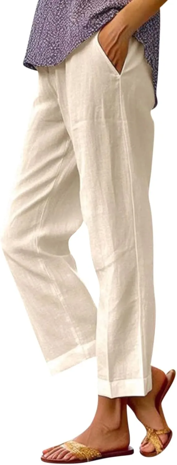 Crop Pants for Women Summer Trousers Loose Elastic Waist Straight Pocket Casual Pants