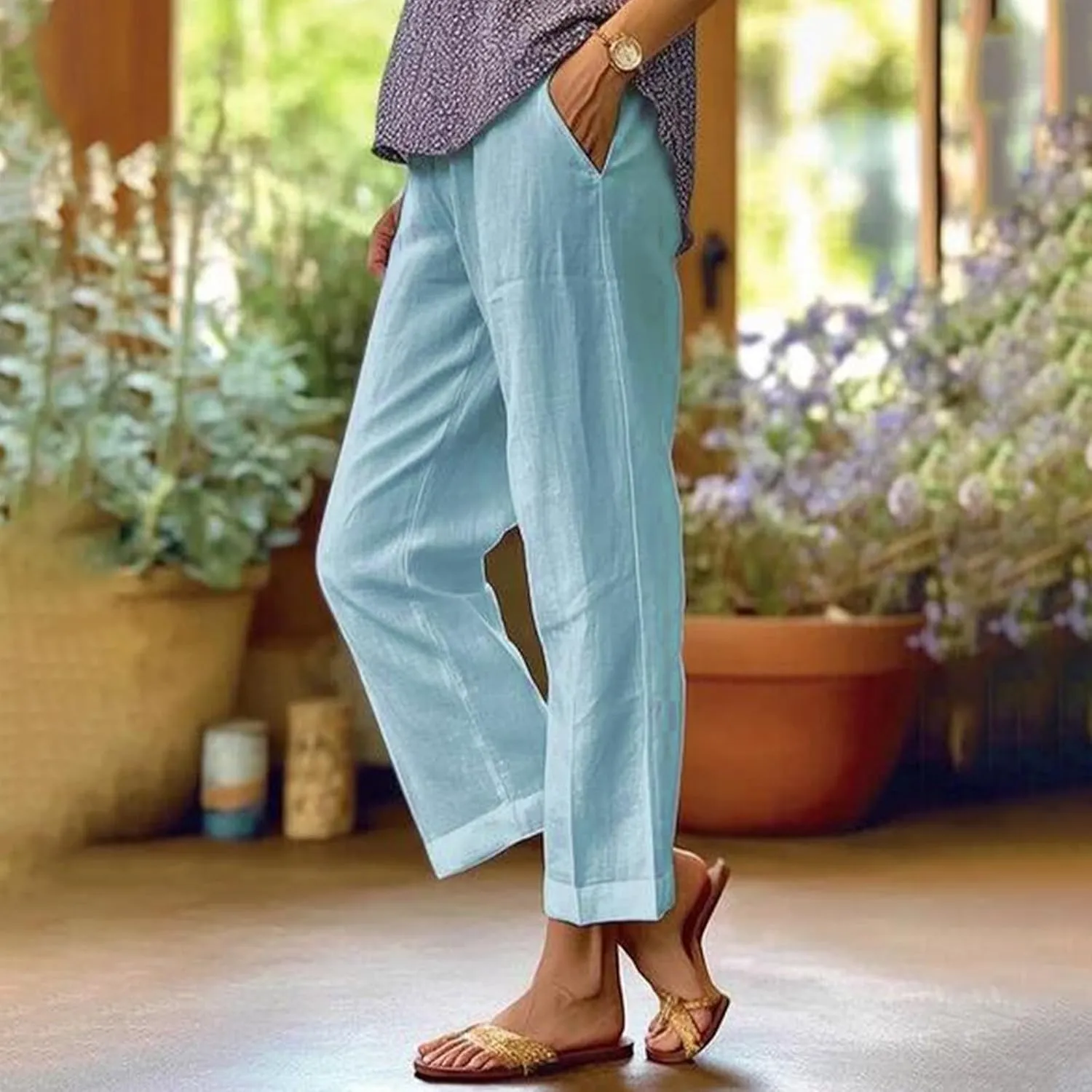 Crop Pants for Women Summer Trousers Loose Elastic Waist Straight Pocket Casual Pants