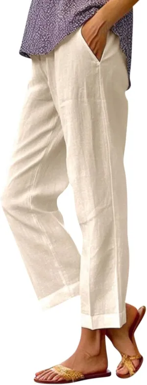 Crop Pants for Women Summer Trousers Loose Elastic Waist Straight Pocket Casual Pants
