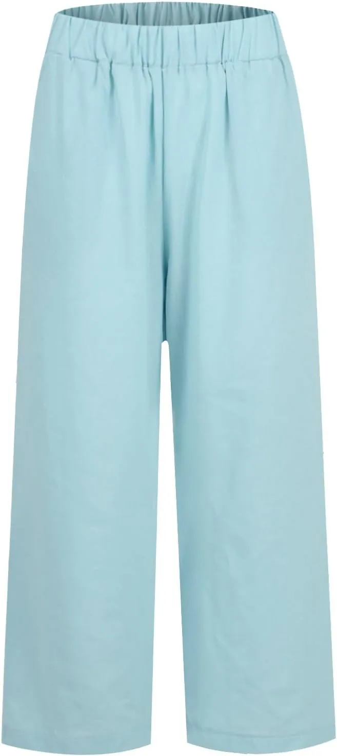 Crop Pants for Women Summer Trousers Loose Elastic Waist Straight Pocket Casual Pants