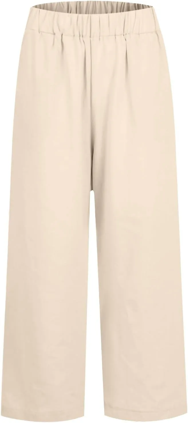 Crop Pants for Women Summer Trousers Loose Elastic Waist Straight Pocket Casual Pants