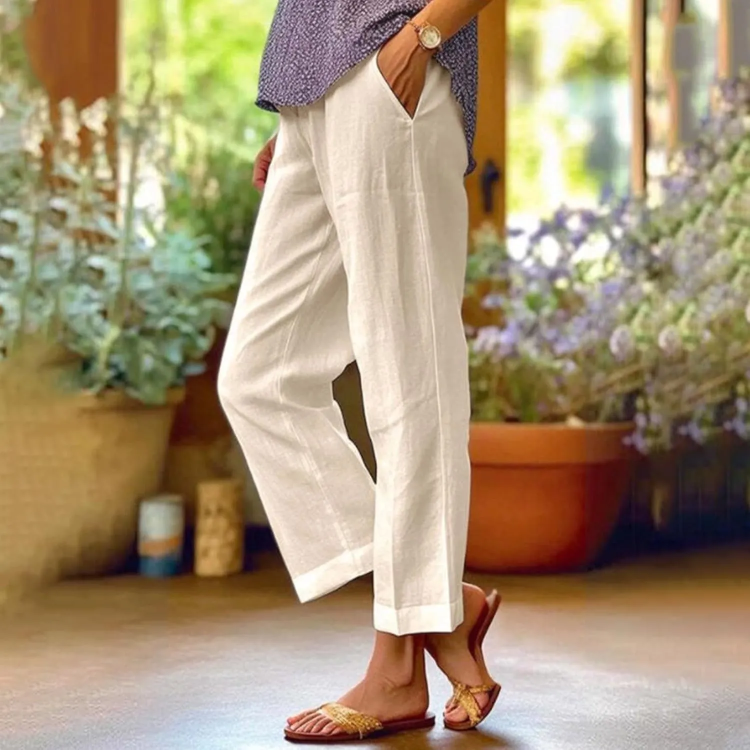 Crop Pants for Women Summer Trousers Loose Elastic Waist Straight Pocket Casual Pants
