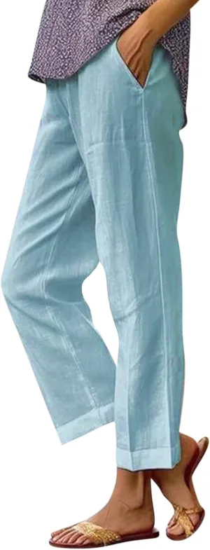Crop Pants for Women Summer Trousers Loose Elastic Waist Straight Pocket Casual Pants
