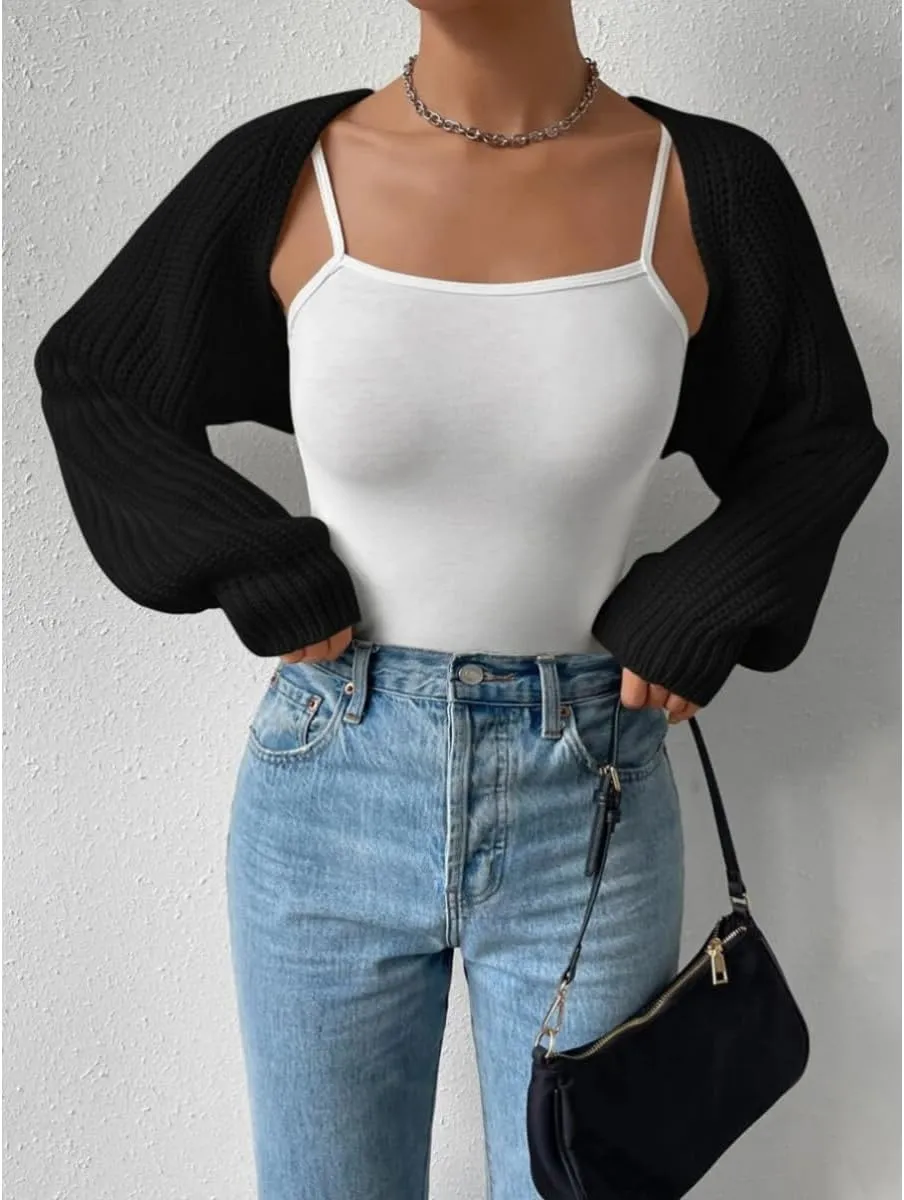 Cropped Cardigan Shrugs for Women Trendy Long Sleeve Lightweight Knit Crochet Bolero Super Crop Knitted Sweater