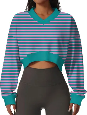 Cropped Crewneck Sweatshirt for Women Striped Color Print Oversized Long Sleeve Lightweight Pullover Sweater 2024