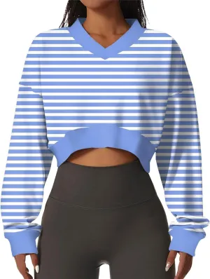 Cropped Crewneck Sweatshirt for Women Striped Color Print Oversized Long Sleeve Lightweight Pullover Sweater 2024