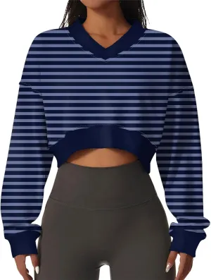 Cropped Crewneck Sweatshirt for Women Striped Color Print Oversized Long Sleeve Lightweight Pullover Sweater 2024