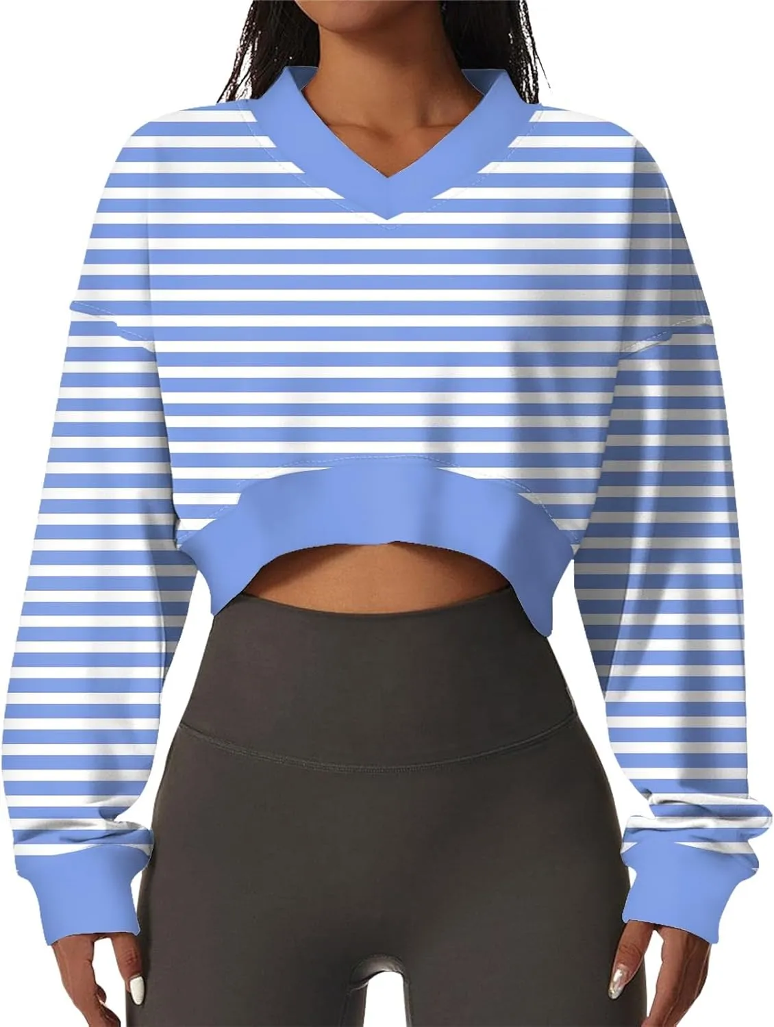Cropped Crewneck Sweatshirt for Women Striped Color Print Oversized Long Sleeve Lightweight Pullover Sweater 2024