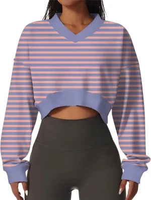 Cropped Crewneck Sweatshirt for Women Striped Color Print Oversized Long Sleeve Lightweight Pullover Sweater 2024