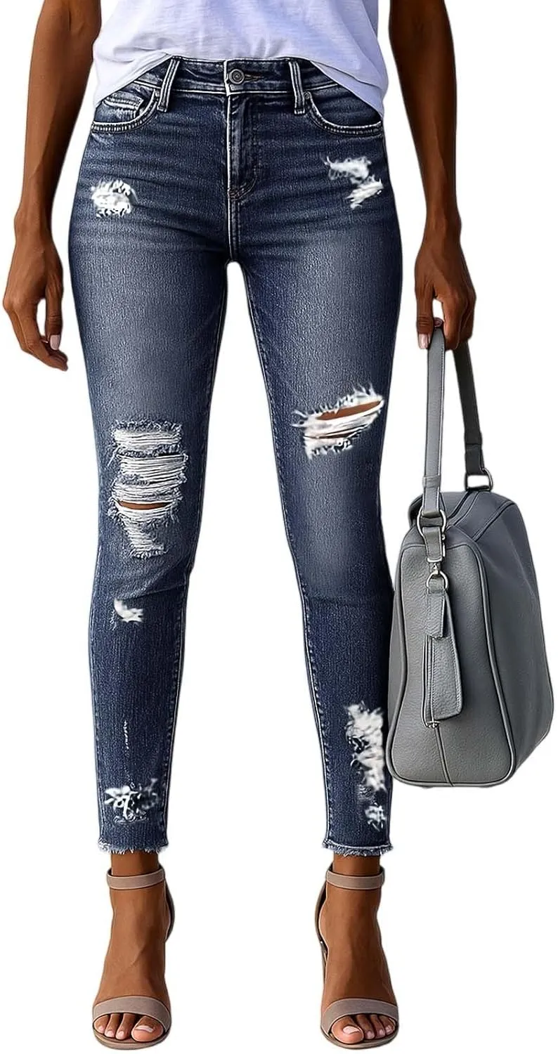 Cropped Jeans for Women Ripped Skinny Mid Rise Butt Lifting Distressed Denim Stretchy Boyfriend Jeans with Pockets