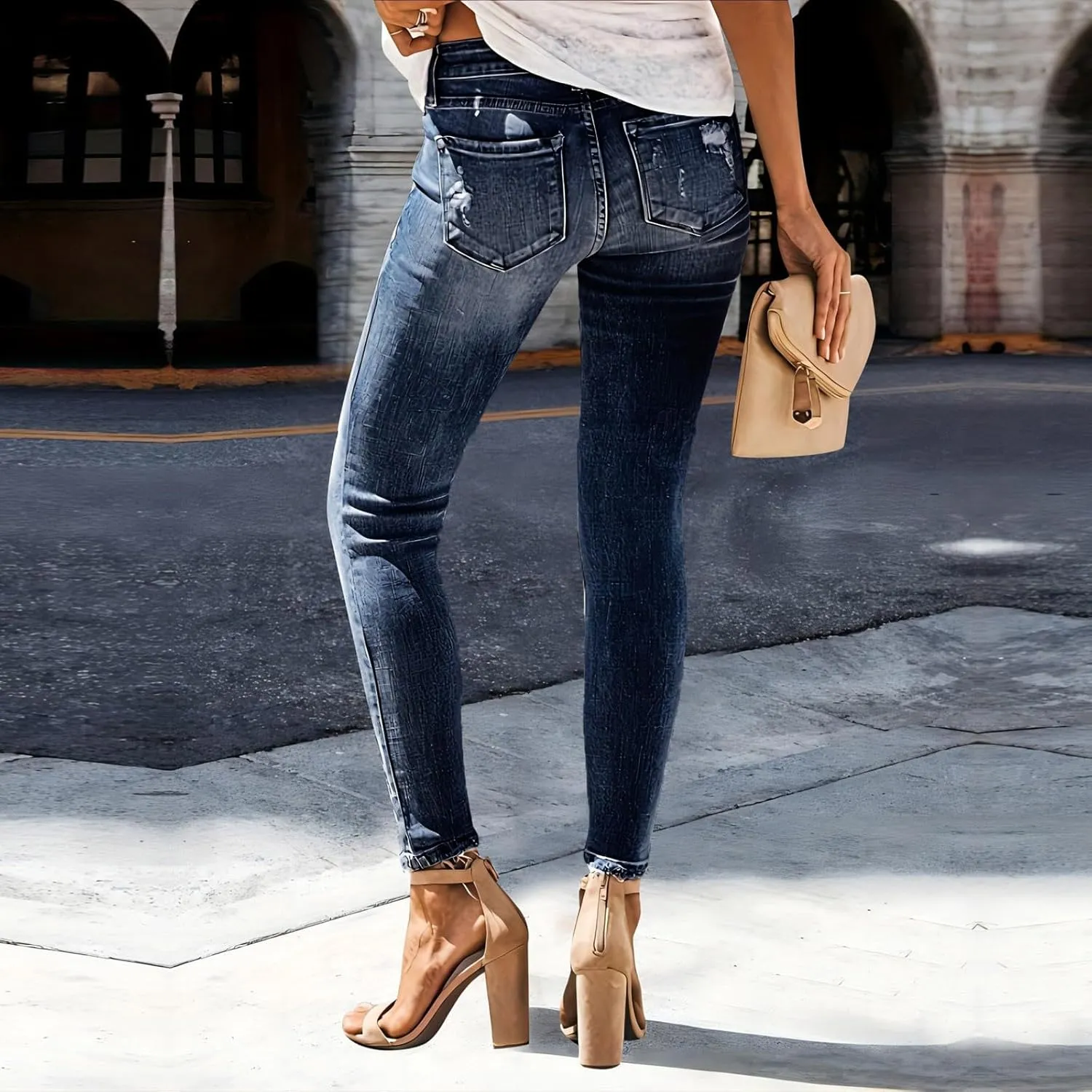 Cropped Jeans for Women Ripped Skinny Mid Rise Butt Lifting Distressed Denim Stretchy Boyfriend Jeans with Pockets