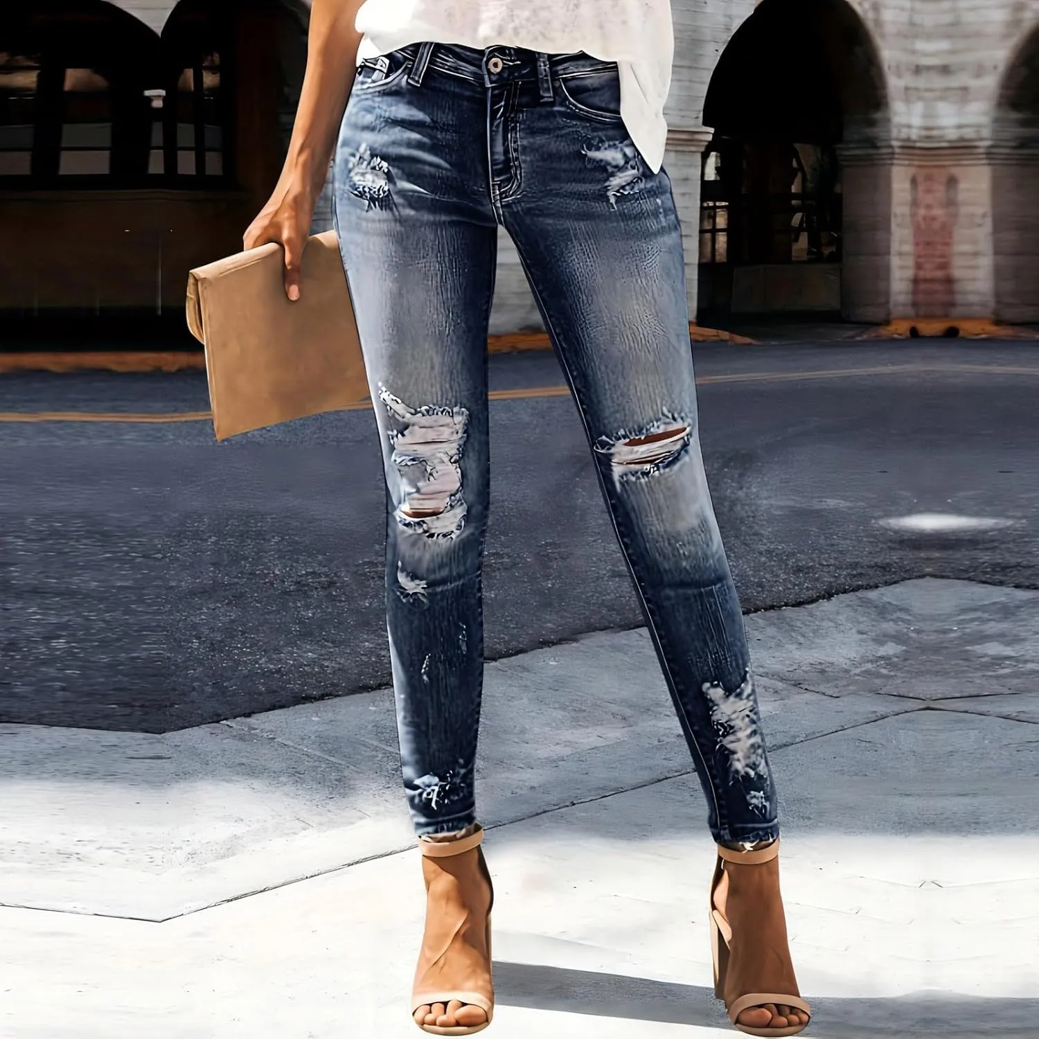Cropped Jeans for Women Ripped Skinny Mid Rise Butt Lifting Distressed Denim Stretchy Boyfriend Jeans with Pockets
