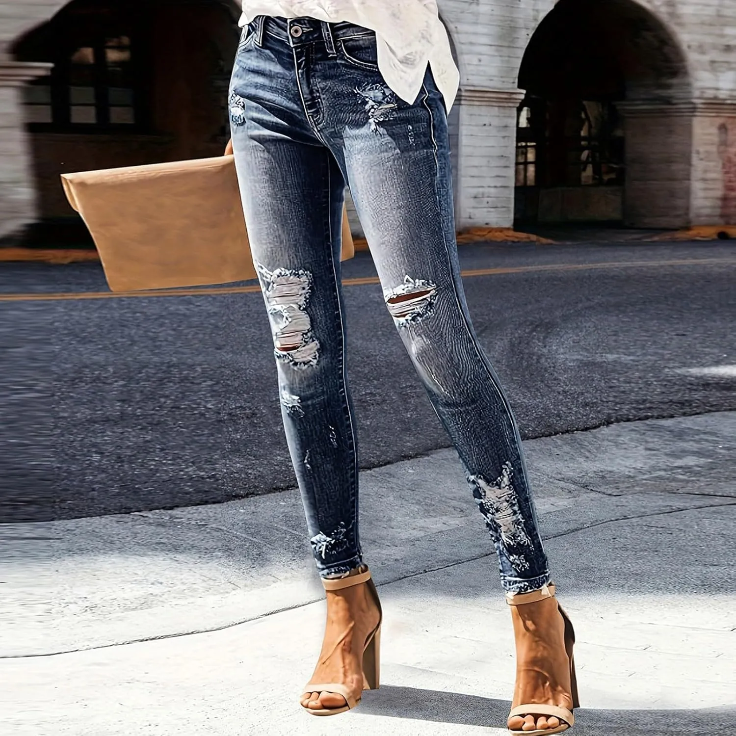 Cropped Jeans for Women Ripped Skinny Mid Rise Butt Lifting Distressed Denim Stretchy Boyfriend Jeans with Pockets