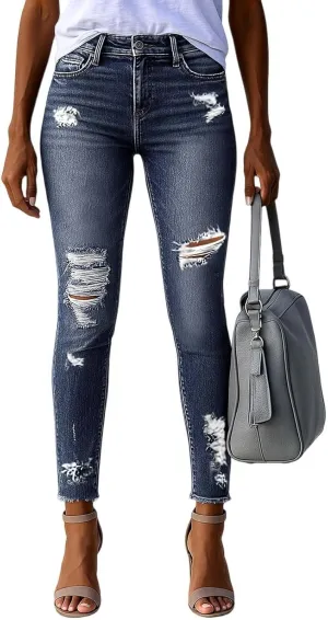 Cropped Jeans for Women Ripped Skinny Mid Rise Butt Lifting Distressed Denim Stretchy Boyfriend Jeans with Pockets