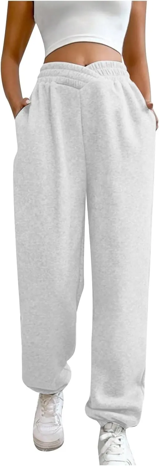 Crossover High Waisted Joggers for Women Athletic Cinch Bottom Straight Leg Sweatpants Elastic Running Pants w/Pockets