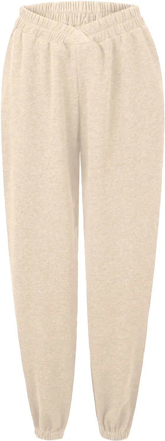 Crossover High Waisted Joggers for Women Athletic Cinch Bottom Straight Leg Sweatpants Elastic Running Pants w/Pockets