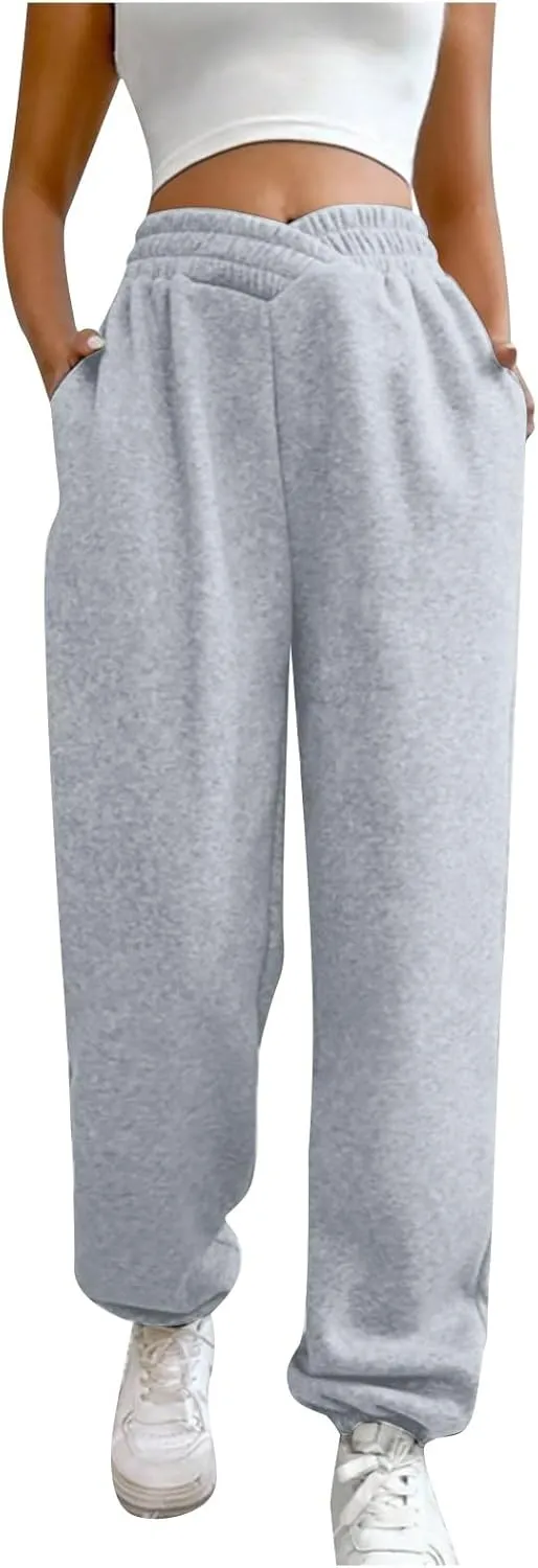 Crossover High Waisted Joggers for Women Athletic Cinch Bottom Straight Leg Sweatpants Elastic Running Pants w/Pockets