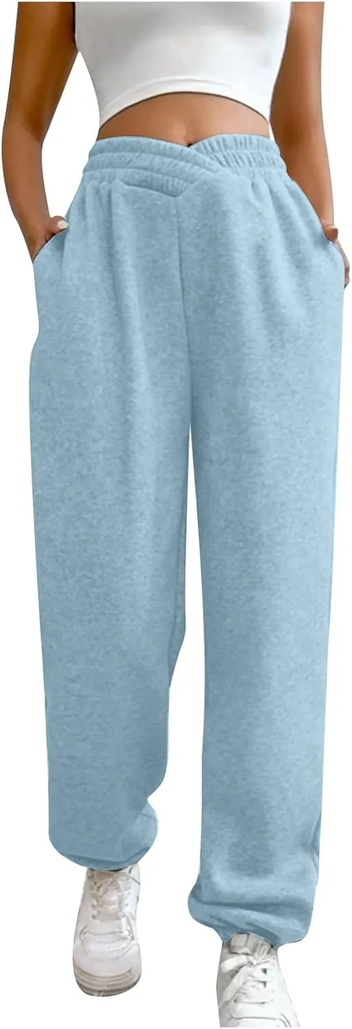 Crossover High Waisted Joggers for Women Athletic Cinch Bottom Straight Leg Sweatpants Elastic Running Pants w/Pockets