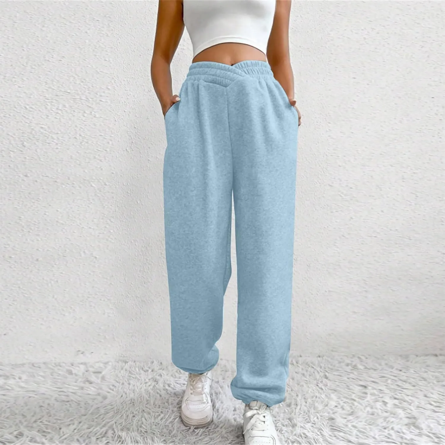 Crossover High Waisted Joggers for Women Athletic Cinch Bottom Straight Leg Sweatpants Elastic Running Pants w/Pockets