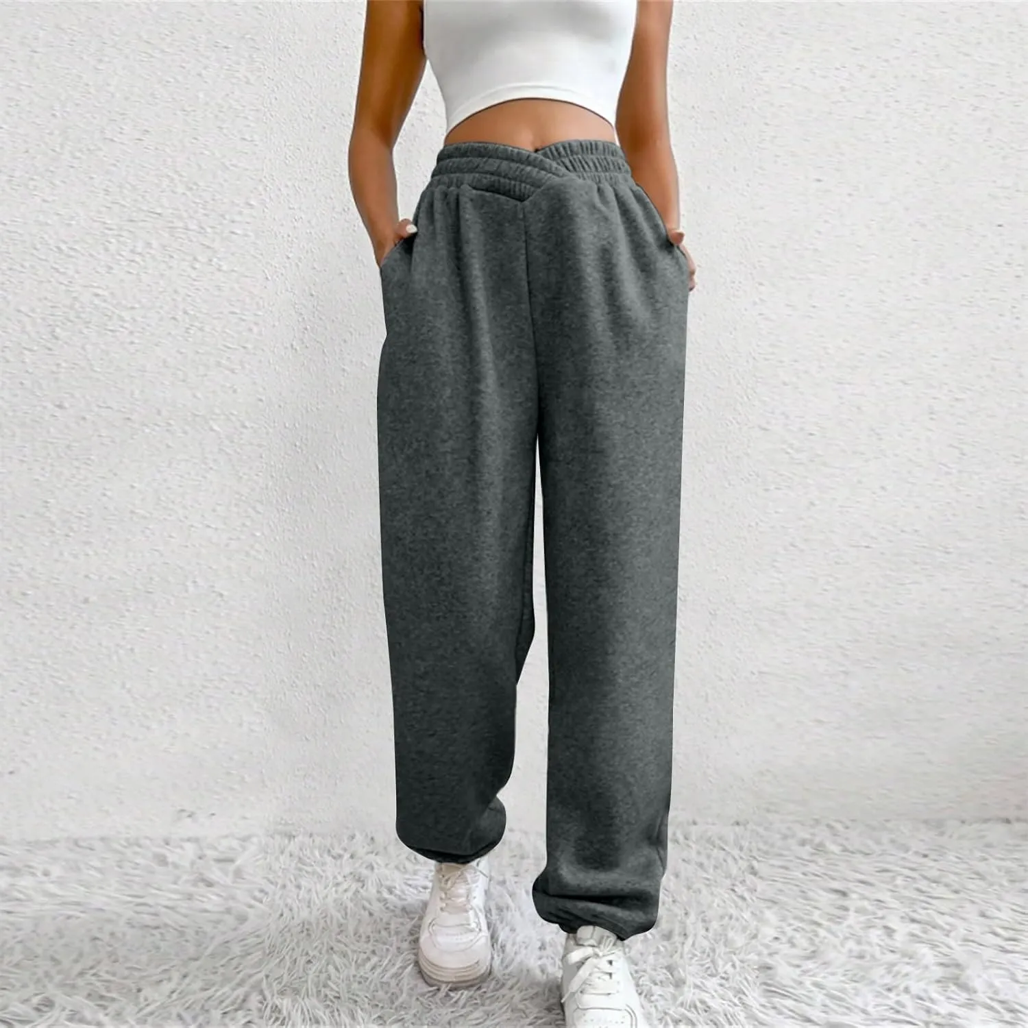 Crossover High Waisted Joggers for Women Athletic Cinch Bottom Straight Leg Sweatpants Elastic Running Pants w/Pockets