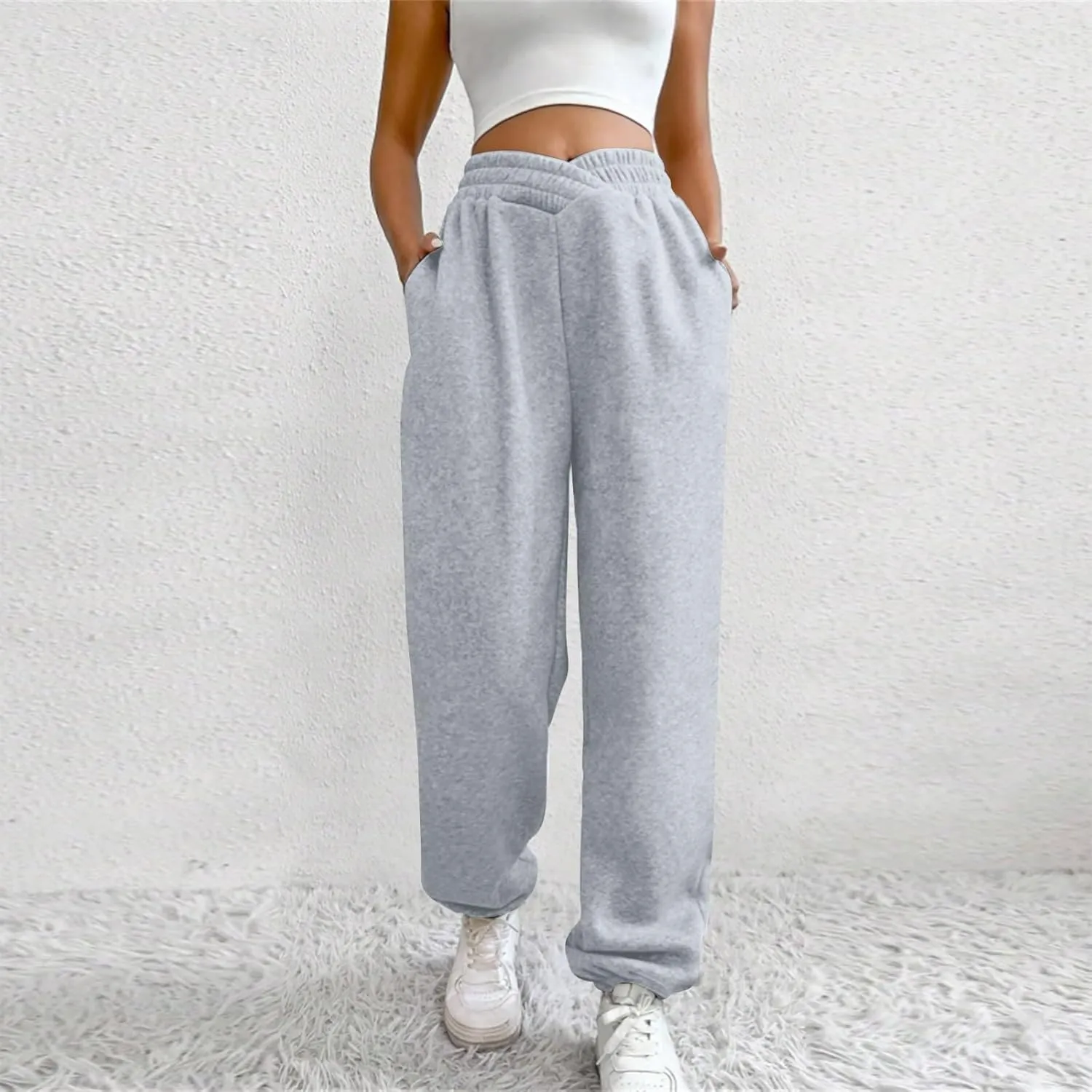 Crossover High Waisted Joggers for Women Athletic Cinch Bottom Straight Leg Sweatpants Elastic Running Pants w/Pockets
