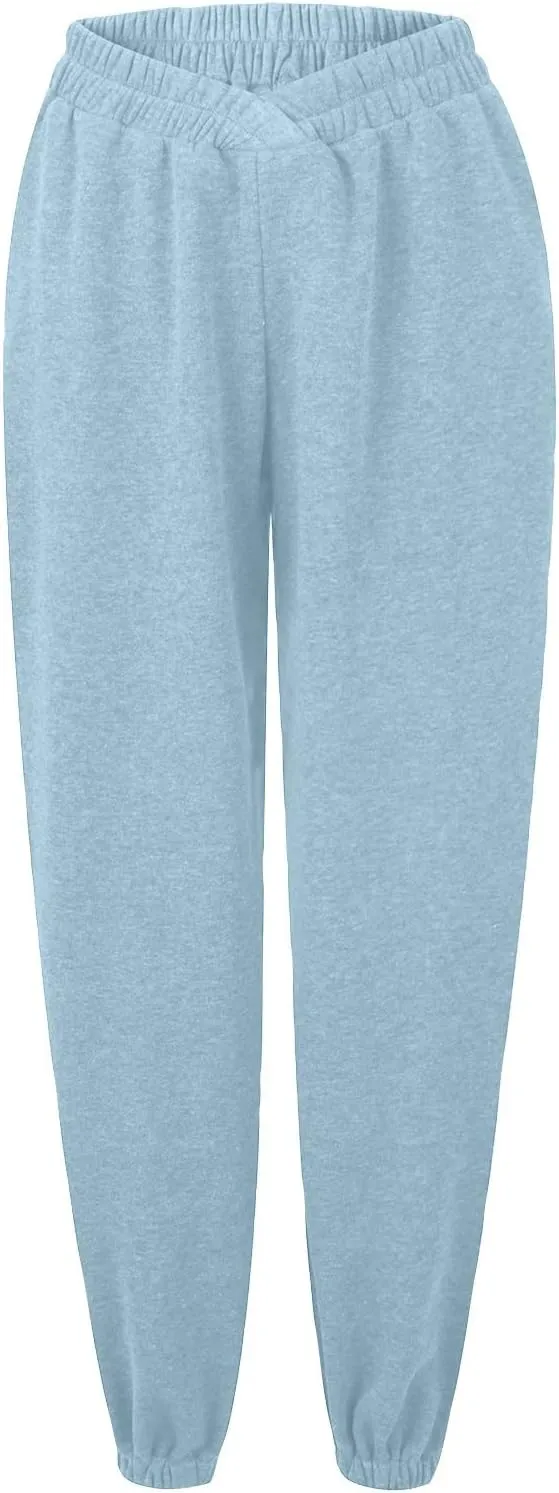 Crossover High Waisted Joggers for Women Athletic Cinch Bottom Straight Leg Sweatpants Elastic Running Pants w/Pockets
