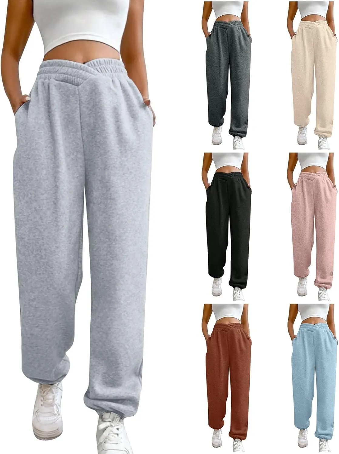 Crossover High Waisted Joggers for Women Athletic Cinch Bottom Straight Leg Sweatpants Elastic Running Pants w/Pockets
