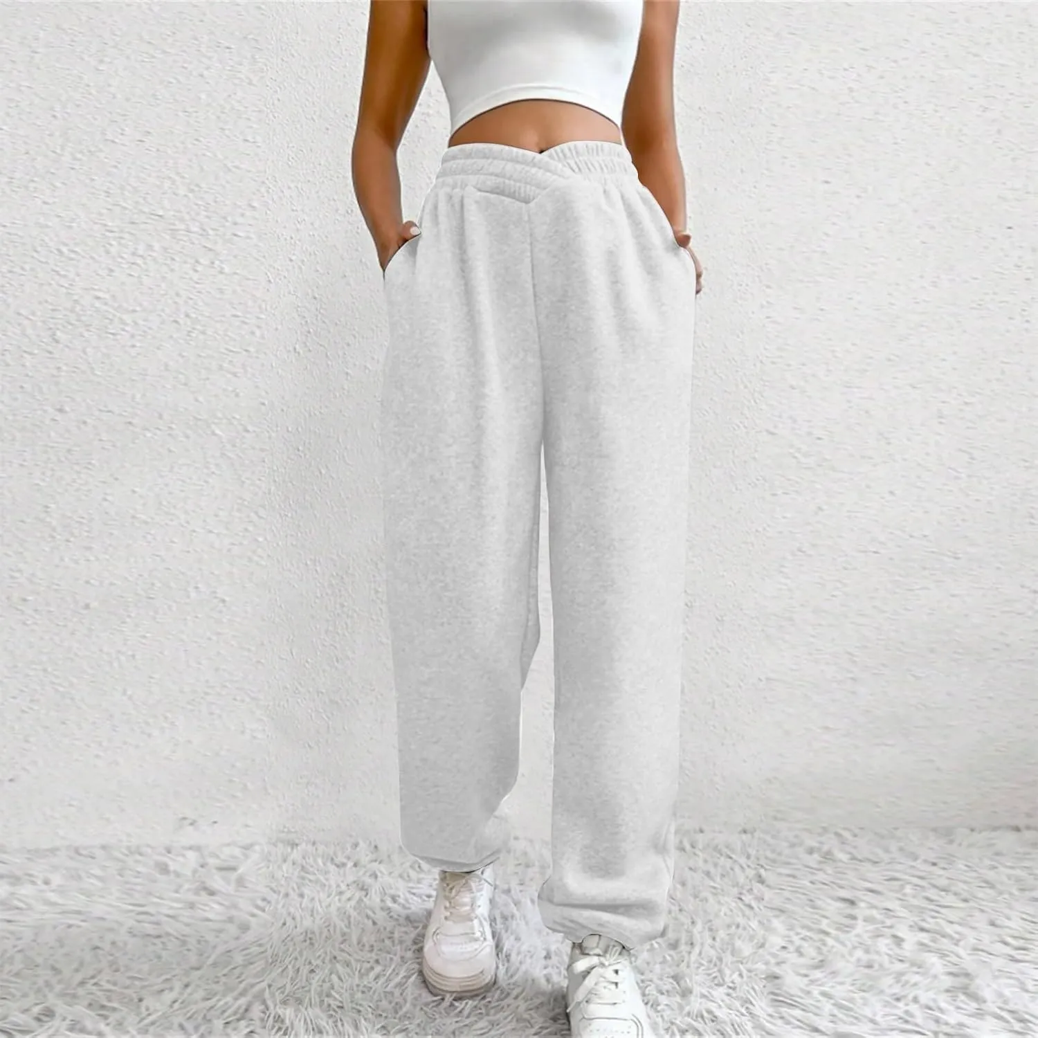 Crossover High Waisted Joggers for Women Athletic Cinch Bottom Straight Leg Sweatpants Elastic Running Pants w/Pockets