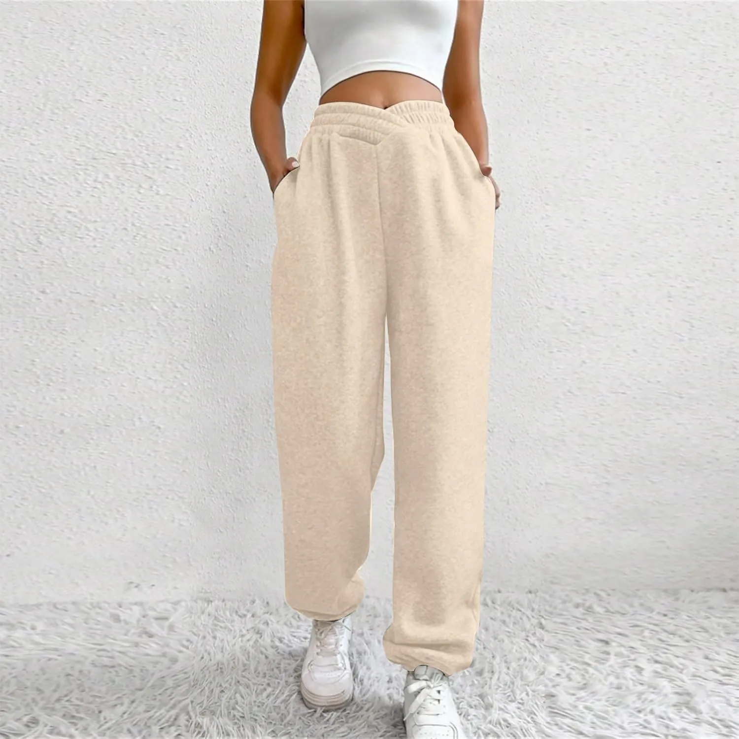 Crossover High Waisted Joggers for Women Athletic Cinch Bottom Straight Leg Sweatpants Elastic Running Pants w/Pockets