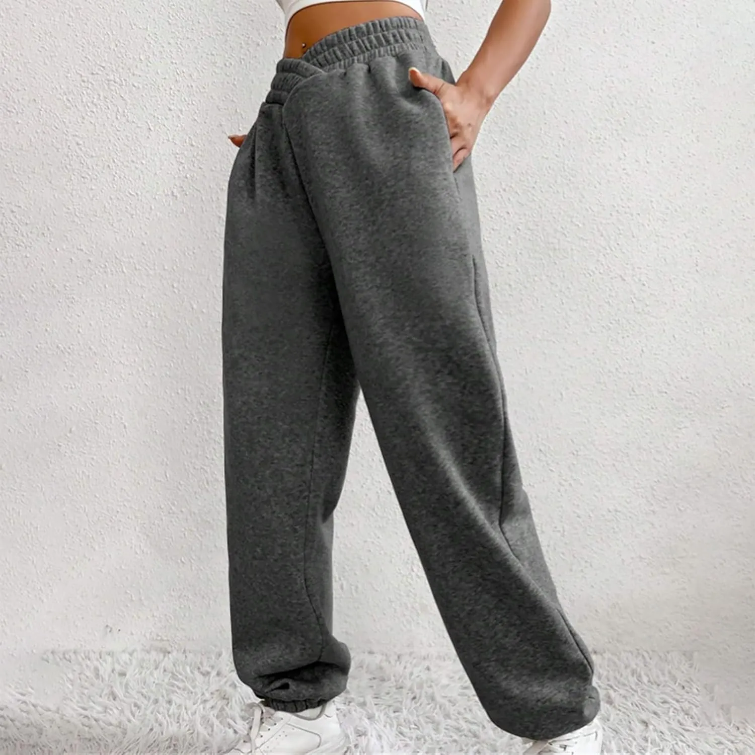 Crossover High Waisted Joggers for Women Athletic Cinch Bottom Straight Leg Sweatpants Elastic Running Pants w/Pockets