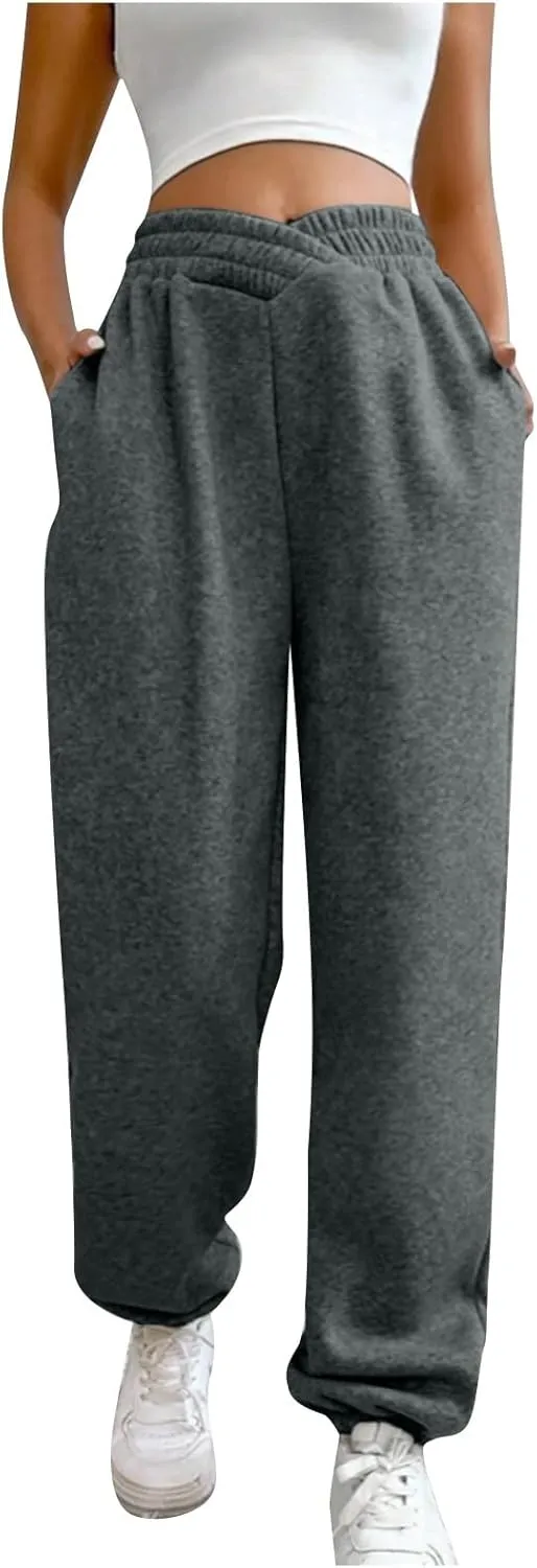 Crossover High Waisted Joggers for Women Athletic Cinch Bottom Straight Leg Sweatpants Elastic Running Pants w/Pockets
