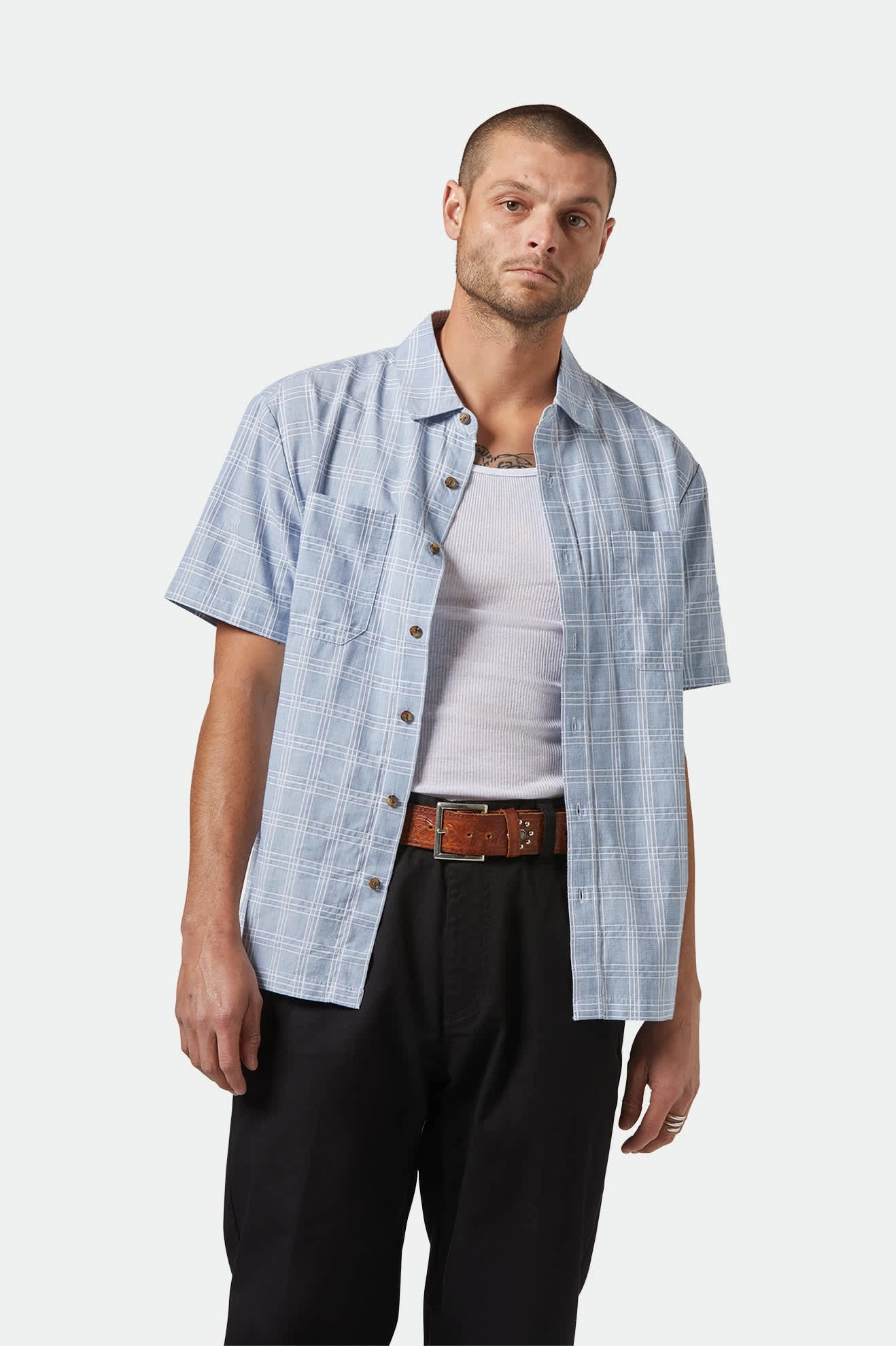 Fade Resistant Formula Quick Release Cuffs CRU Oxford Plaid Relaxed S/S Shirt - Light Blue/White Plaid