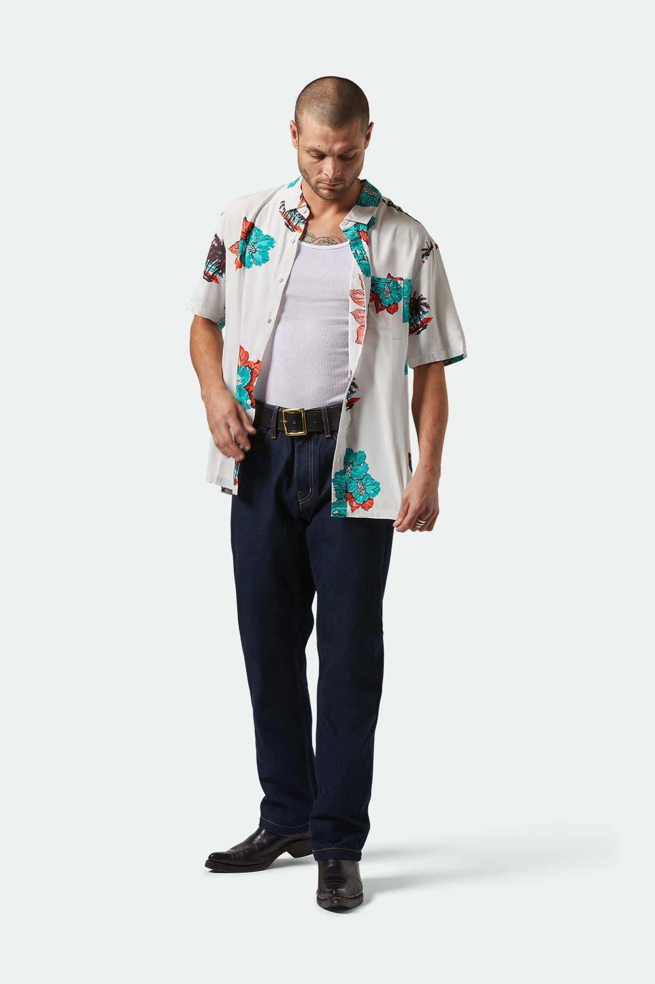 Structured Shoulder Support CRU Print Relaxed S/S Shirt - Off White/Aquatic Green Floral