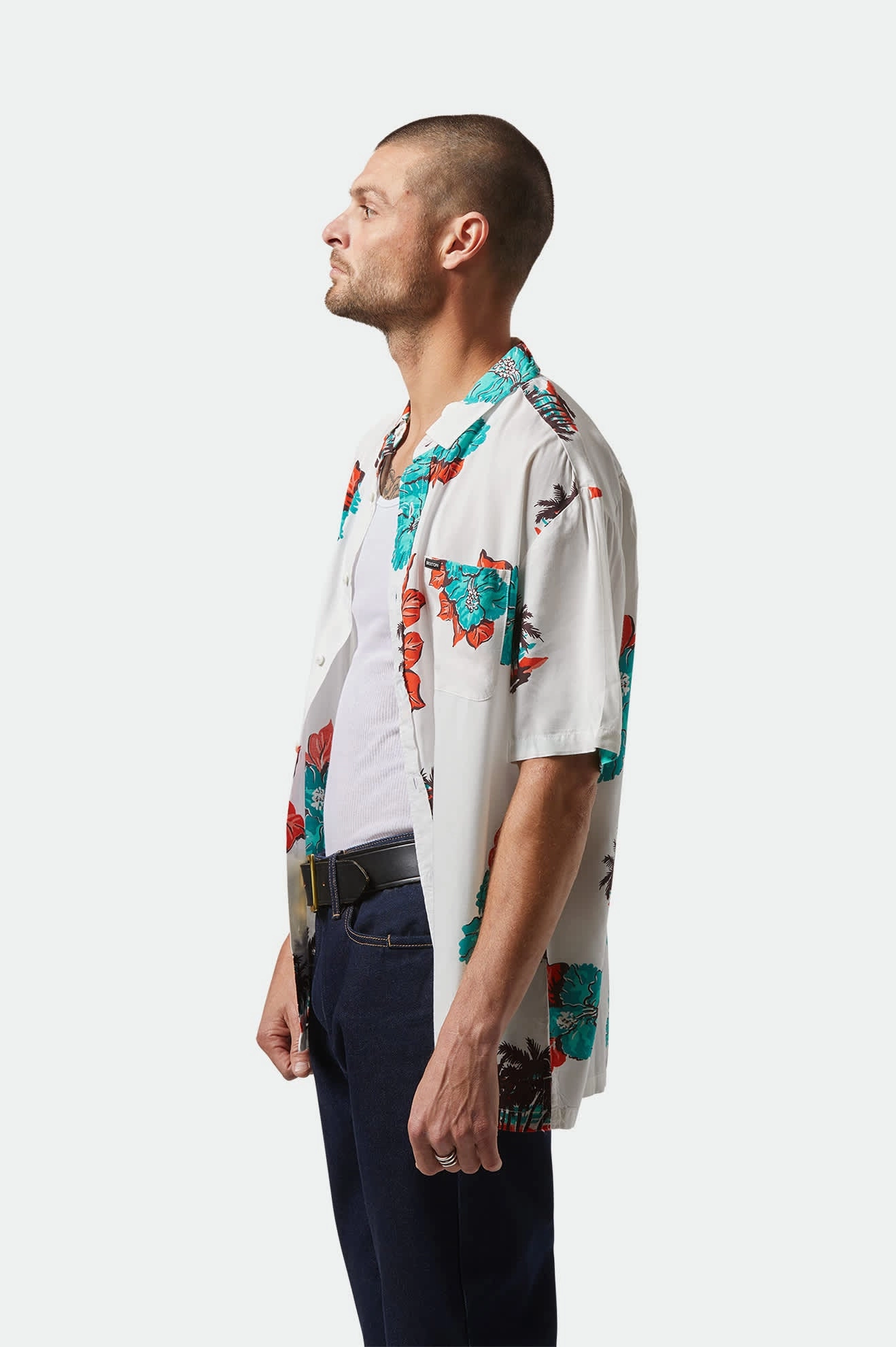 Comfort Stretch Smooth Seam Finish CRU Print Relaxed S/S Shirt - Off White/Aquatic Green Floral