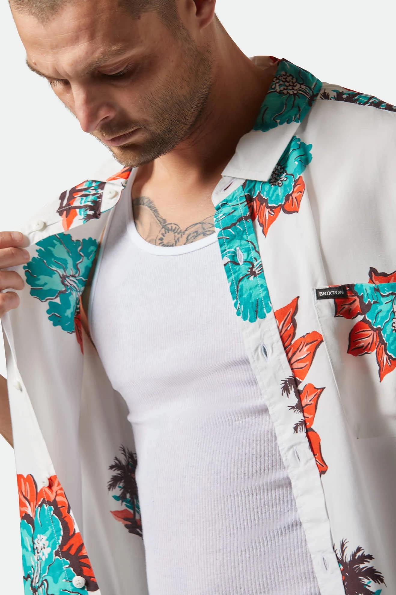CRU Print Relaxed S/S Shirt - Off White/Aquatic Green Floral Tagless Labeling