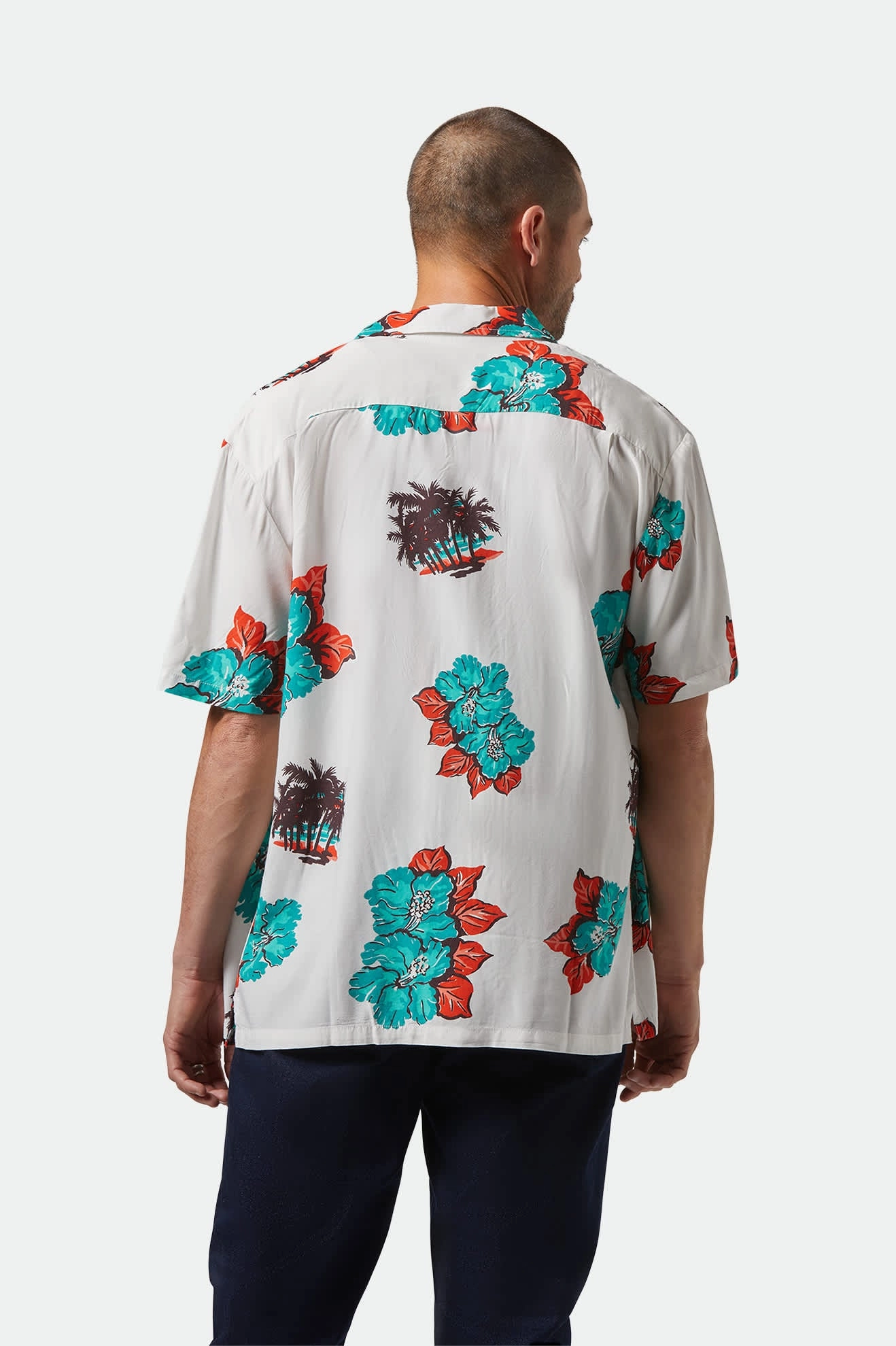 CRU Print Relaxed S/S Shirt - Off White/Aquatic Green Floral Striped Design Weekend Style