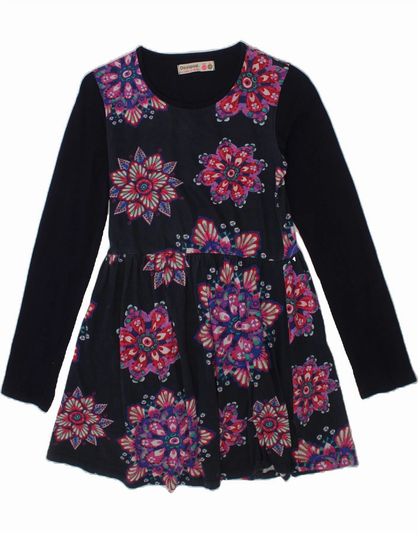 DESIGUAL Girls Long Sleeve A-Line Dress 11-12 Years Navy Blue Floral Sweetheart-Neck