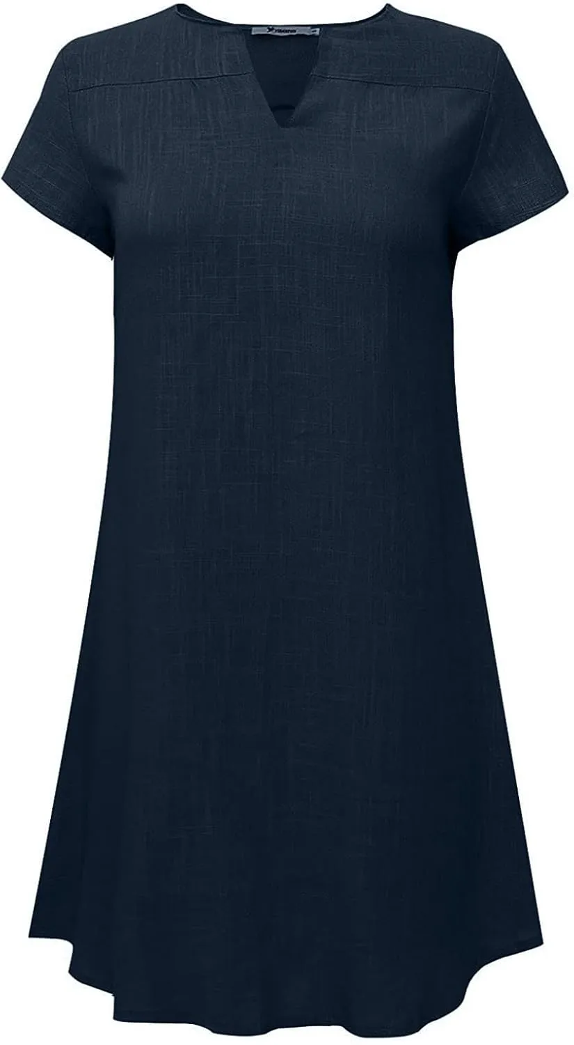 Ctreela Women Cotton Linen T Shirt Dress Baggy Short Sleeve Beach Dress Summer V Neck Shift Dress Plain Midi Dresses