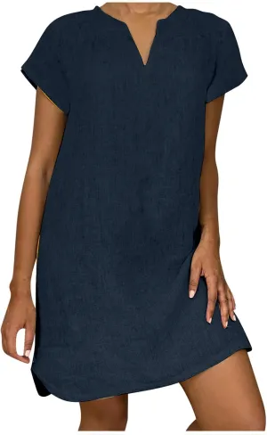 Ctreela Women Cotton Linen T Shirt Dress Baggy Short Sleeve Beach Dress Summer V Neck Shift Dress Plain Midi Dresses
