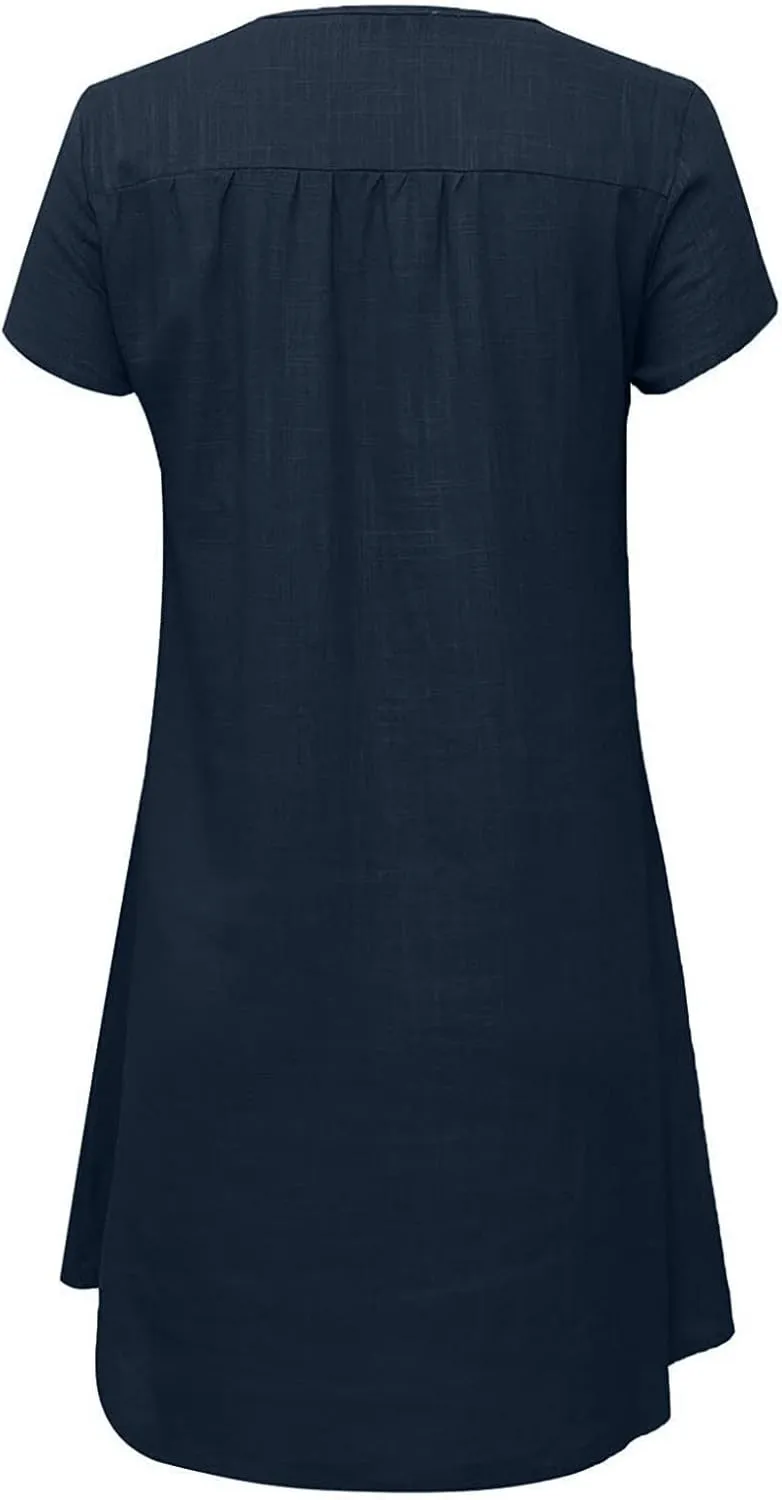 Ctreela Women Cotton Linen T Shirt Dress Baggy Short Sleeve Beach Dress Summer V Neck Shift Dress Plain Midi Dresses