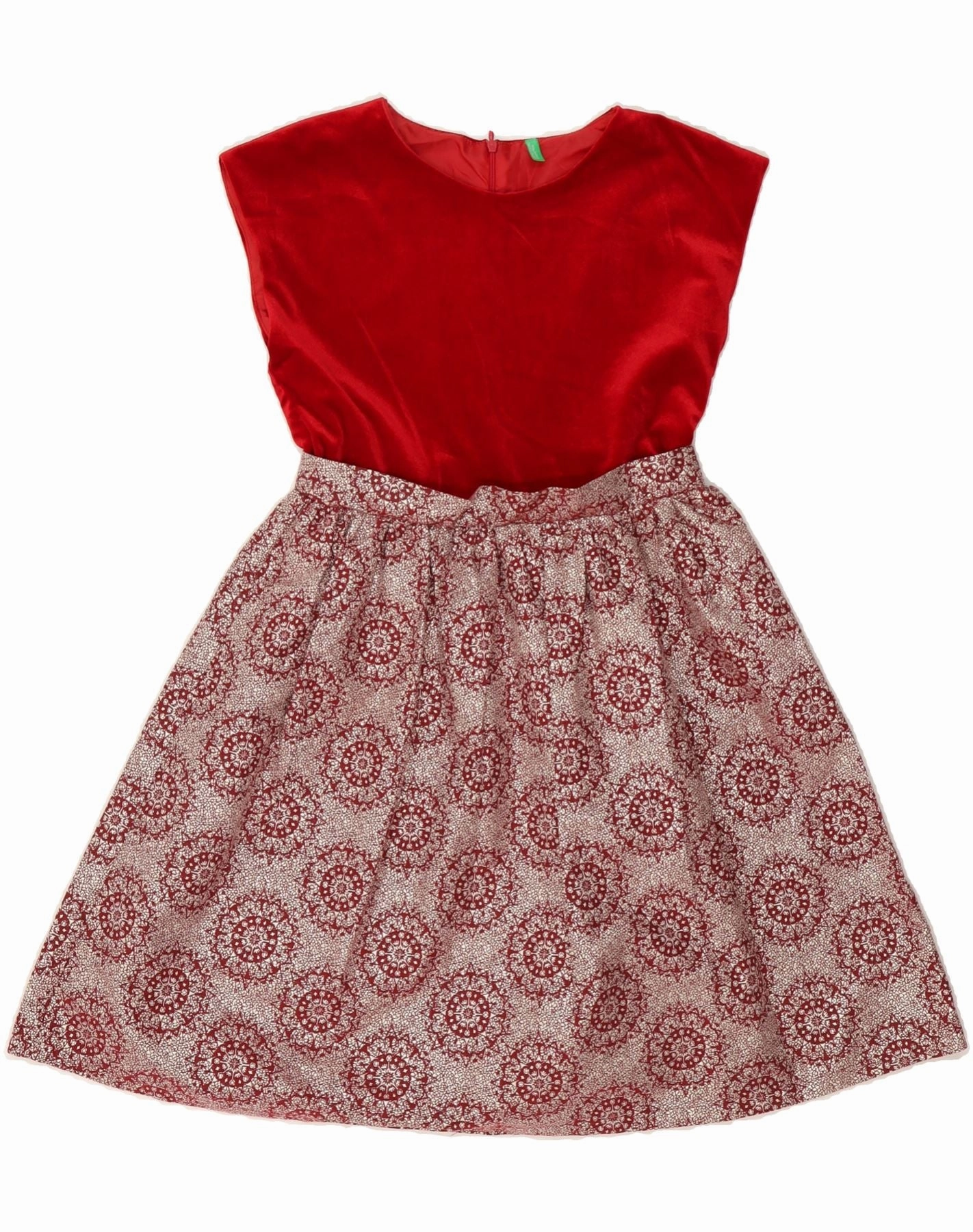 BENETTON Girls Sleeveless A-Line Dress 13-14 Years 3XL Red Ikat Polyester Wardrobe-Staple