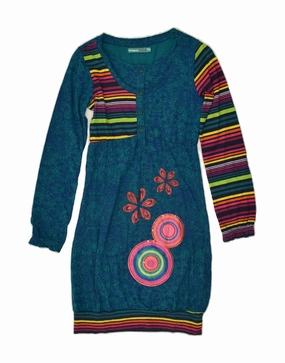 DESIGUAL Girls Graphic Long Sleeve Sheath Dress 11-12 Years Blue Paisley Dress-Up Style V Neckline