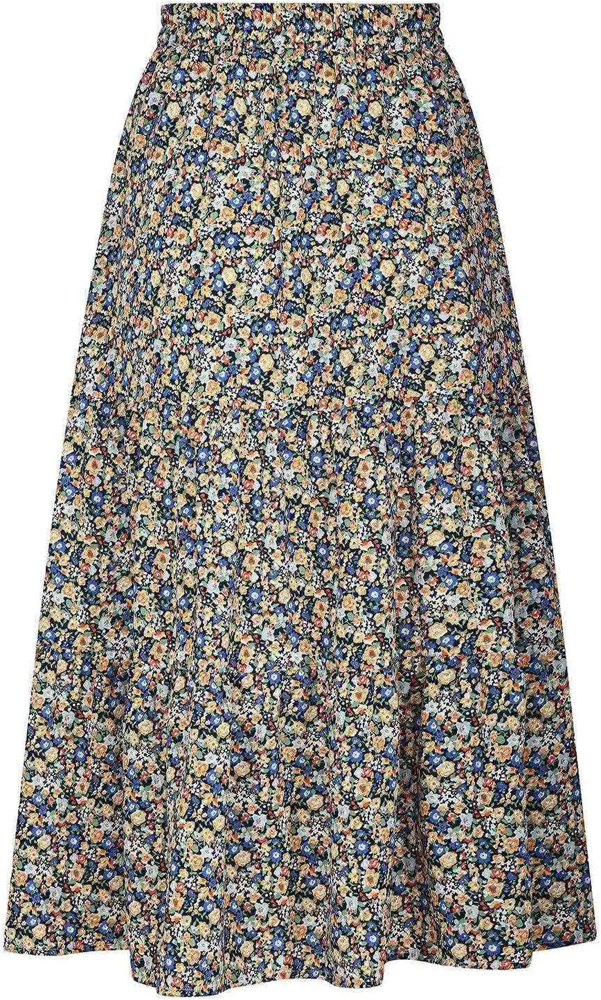 Cute Boho Floral Maxi Skirt Women Summer Ruffle High Waisted Flowy A-Line Skirts Casual Pleated Skirt with Pockets