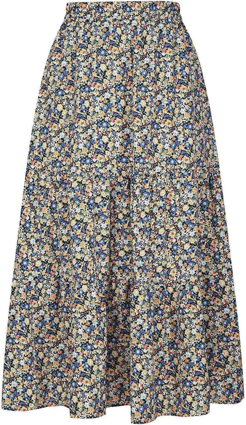 Cute Boho Floral Maxi Skirt Women Summer Ruffle High Waisted Flowy A-Line Skirts Casual Pleated Skirt with Pockets