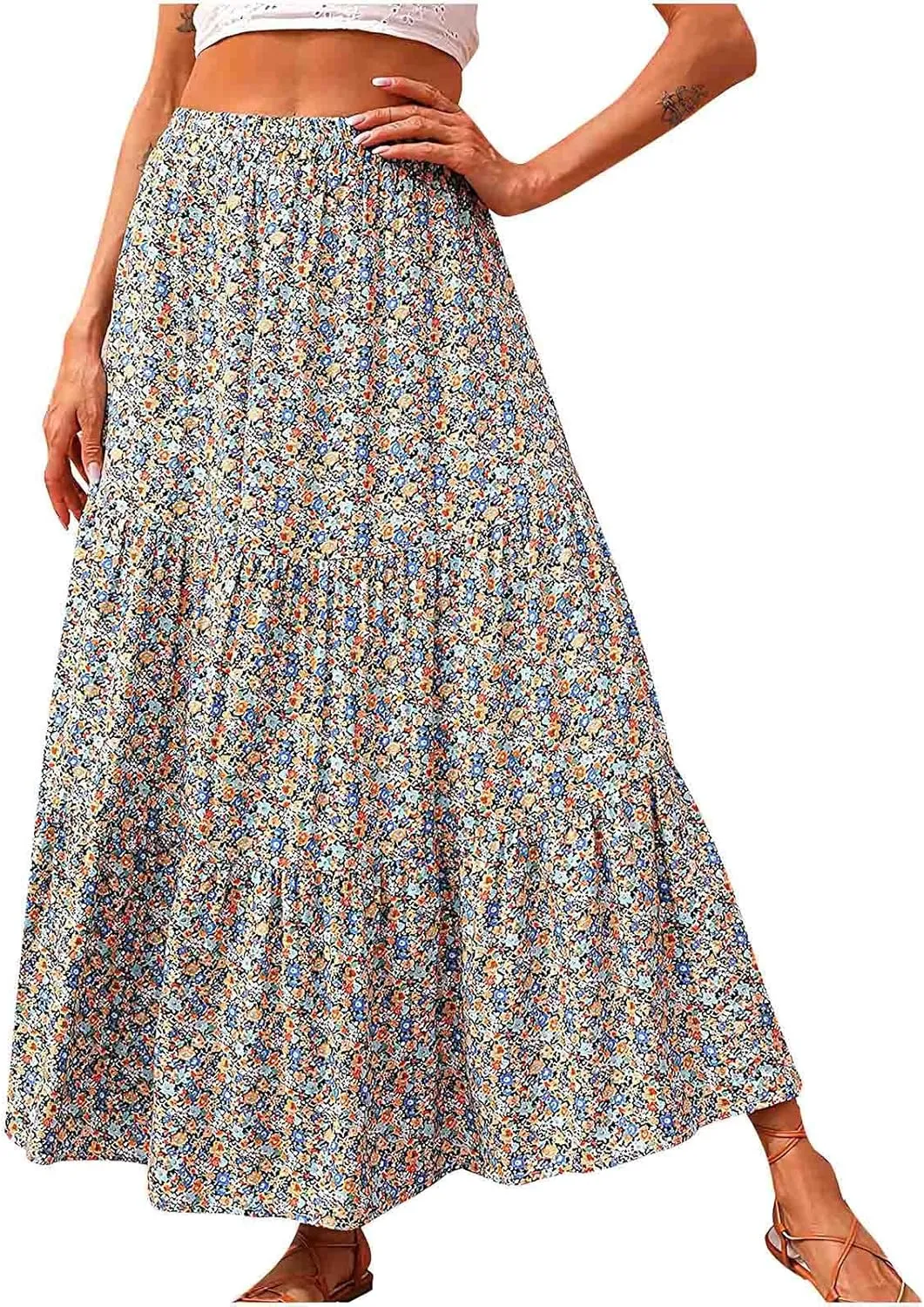 Cute Boho Floral Maxi Skirt Women Summer Ruffle High Waisted Flowy A-Line Skirts Casual Pleated Skirt with Pockets