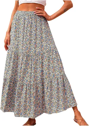 Cute Boho Floral Maxi Skirt Women Summer Ruffle High Waisted Flowy A-Line Skirts Casual Pleated Skirt with Pockets