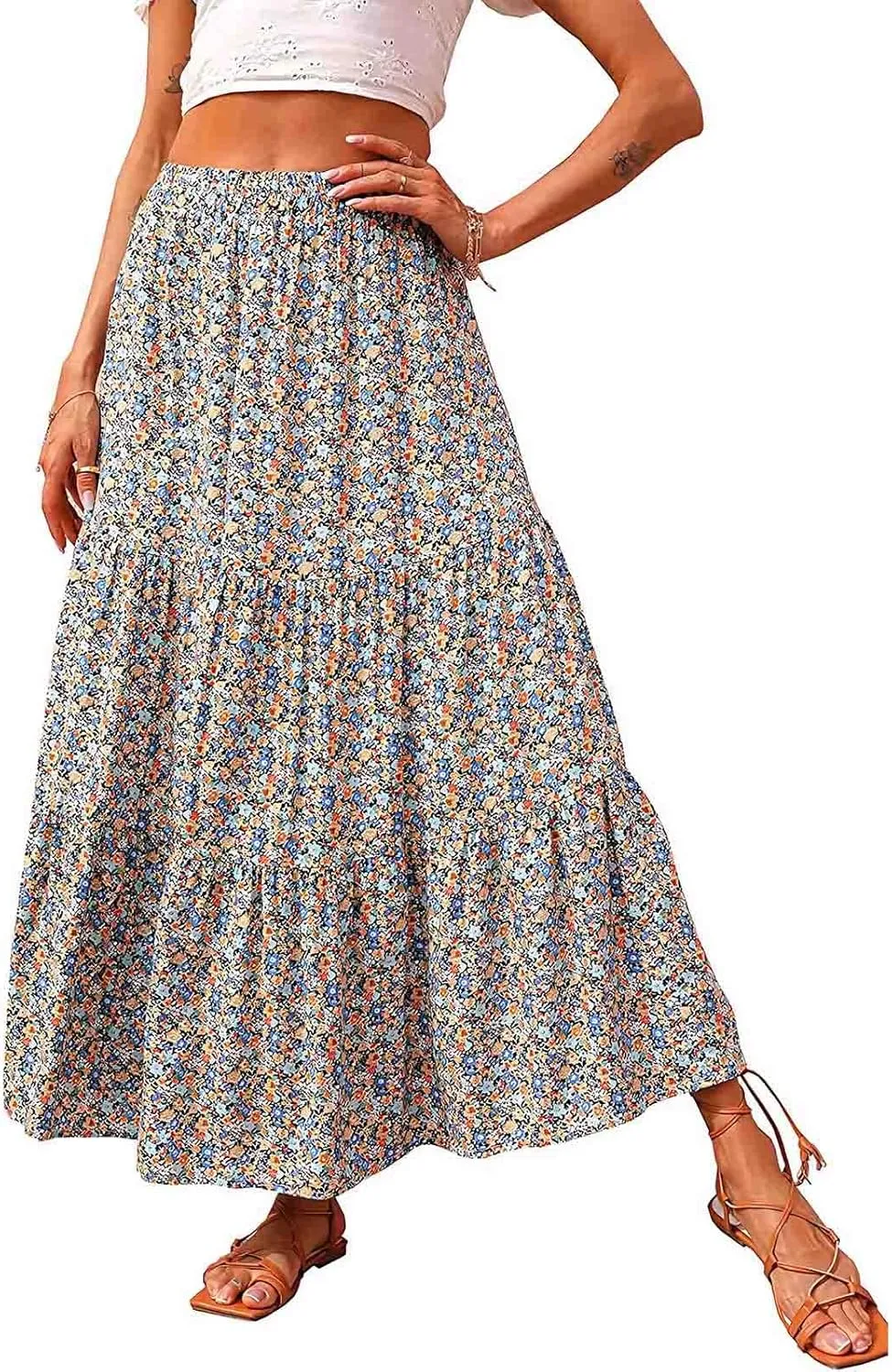 Cute Boho Floral Maxi Skirt Women Summer Ruffle High Waisted Flowy A-Line Skirts Casual Pleated Skirt with Pockets