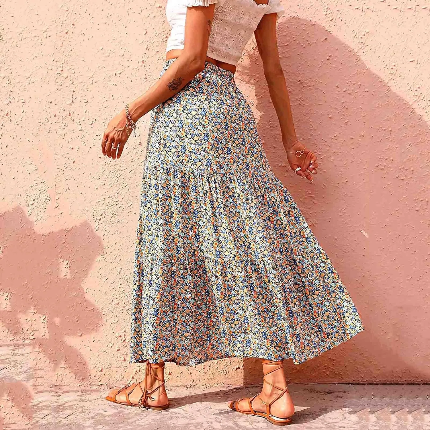Cute Boho Floral Maxi Skirt Women Summer Ruffle High Waisted Flowy A-Line Skirts Casual Pleated Skirt with Pockets