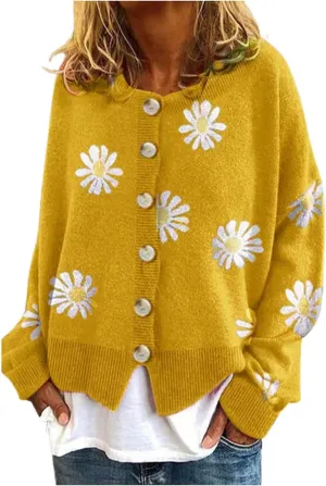 Cute Daisy Flower Cardigan Sweaters for Women Cropped Knit Y2K Top Button Down V Neck Floral Pattern Outwear Outfits