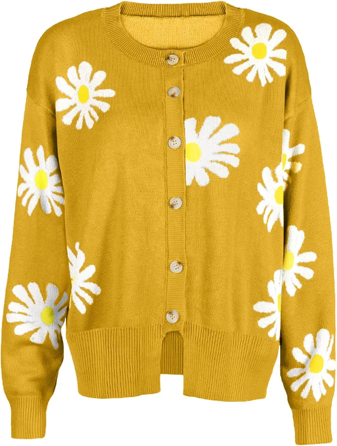Cute Daisy Flower Cardigan Sweaters for Women Cropped Knit Y2K Top Button Down V Neck Floral Pattern Outwear Outfits